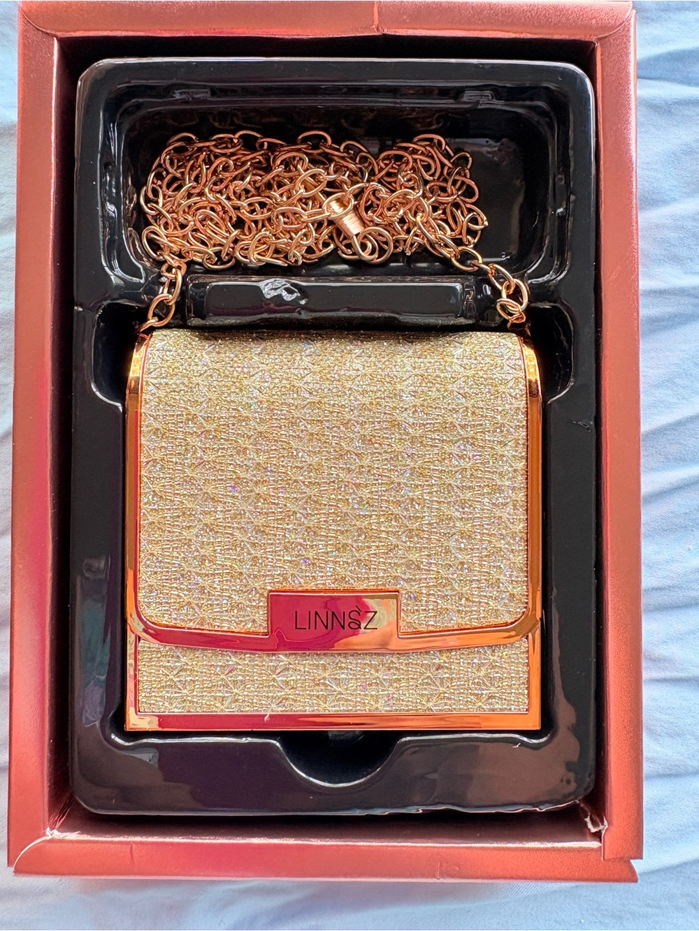 Gold Glitter Chain Crossbody small cosmetic Bag three tubes of lipstick included - Picture 8 of 10